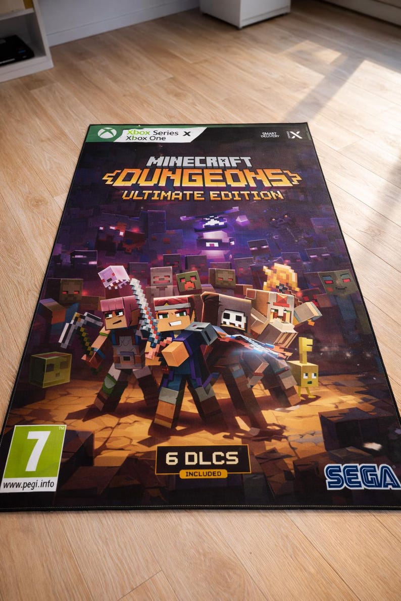 May include: A rectangular Minecraft Dungeons Ultimate Edition video game case for Xbox Series X and Xbox One. The cover features blocky characters and monsters, a PEGI 7 rating, a 6 DLCs included badge, and a Sega logo on a dark background.