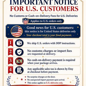 May include: A white informational sign with red, white, and blue accents featuring the text IMPORTANT NOTICE FOR U.S. CUSTOMERS. It outlines four points regarding DDP shipping, no customs or cash-on-delivery fees, and sales tax for United States orders.