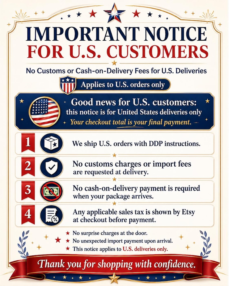 May include: A white informational sign with red, white, and blue accents featuring the text IMPORTANT NOTICE FOR U.S. CUSTOMERS. It outlines four points regarding DDP shipping, no customs or cash-on-delivery fees, and sales tax for United States orders.