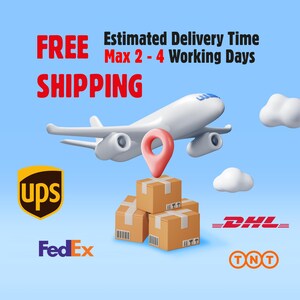 May include: A white 3D airplane flying above a stack of brown cardboard boxes with a red location pin. The image includes the text FREE SHIPPING, Estimated Delivery Time Max 2 - 4 Working Days, and the logos for UPS, FedEx, DHL, and TNT on blue.