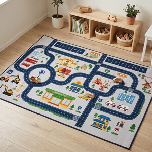 May include: A rectangular play rug featuring a colorful city map design with roads, parking spaces marked with P, a supermarket, various buildings, and construction vehicles. The light gray background includes blue roads with white lane markings.