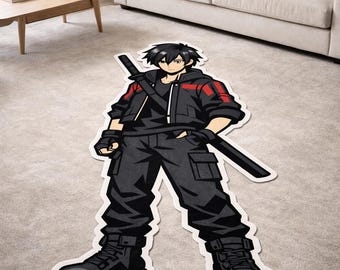 Anime Samurai Techwear Rug, Manga Art Floor Mat