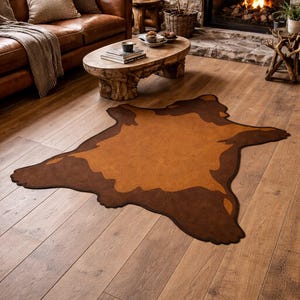 May include: A brown bear-shaped rug with a lighter brown center, placed on a wooden floor. The rug is a decorative element in a rustic living room setting, with a leather sofa, fireplace, and wooden coffee table.