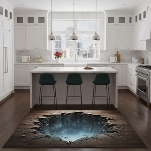 May include: A rectangular area rug with a 3D graphic of a deep hole in the ground. The rug's design features a realistic depiction of cracked earth surrounding a dark, misty abyss. The rug is placed on a hardwood floor in a modern kitchen.
