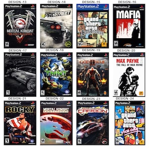 May include: A collection of twelve PlayStation 2 video game cases arranged in a grid, featuring titles such as Mortal Kombat, Need for Speed, Grand Theft Auto, Mafia, TMNT, God of War, Max Payne 2, Rocky, and Mortal Kombat Armageddon with cover art.