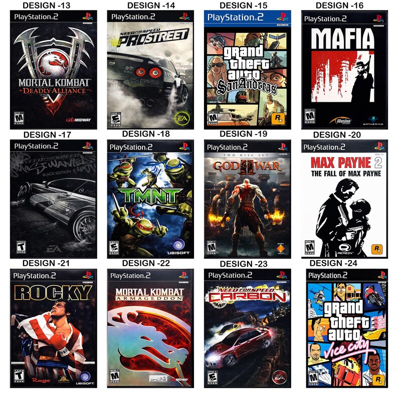May include: A collection of twelve PlayStation 2 video game cases arranged in a grid, featuring titles such as Mortal Kombat, Need for Speed, Grand Theft Auto, Mafia, TMNT, God of War, Max Payne 2, Rocky, and Mortal Kombat Armageddon with cover art.