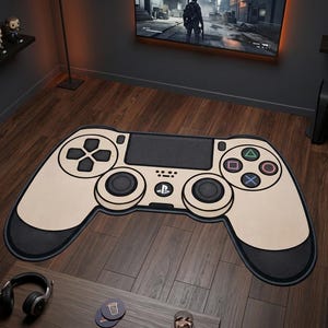 May include: A beige and black area rug shaped like a video game controller. The rug features a central touchpad, two circular joysticks, a directional pad, and four action buttons with triangle, circle, cross, and square symbols, plus a logo.
