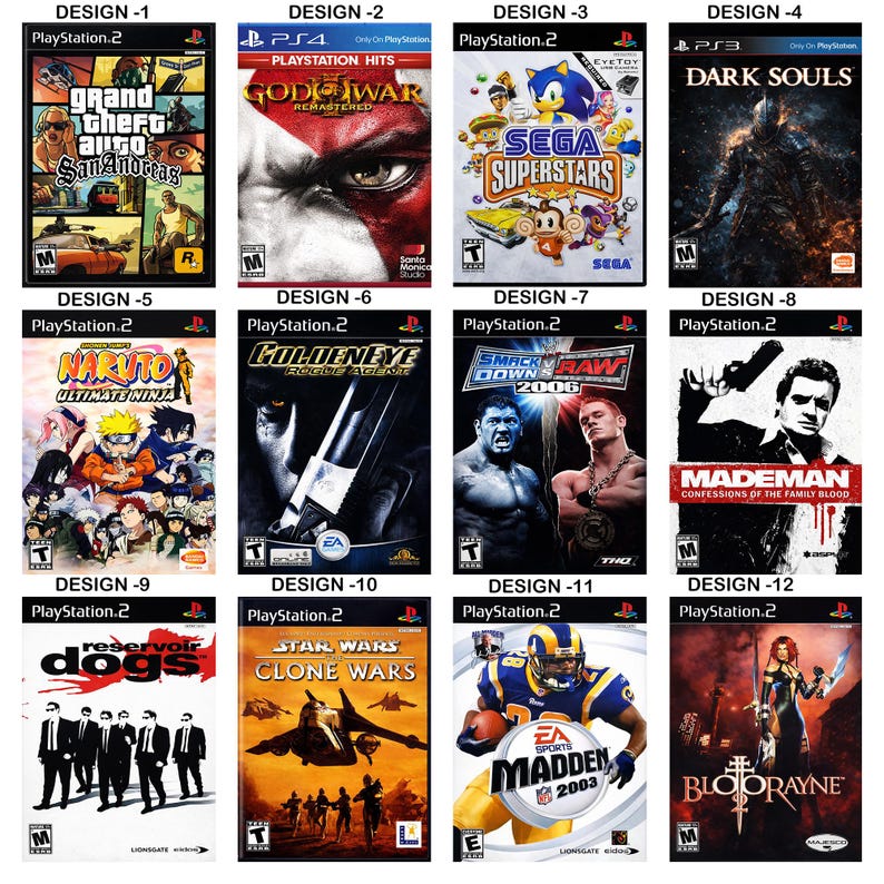 May include: A collection of twelve video game covers arranged in a grid, featuring titles such as Grand Theft Auto San Andreas, God of War, Sega Superstars, Dark Souls, Naruto, GoldenEye, Smackdown vs Raw 2006, Mademan, Reservoir Dogs, Star Wars, Madden 2003, and Bloodrayne.