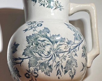 Lovely vintage French ironstone teal bird floral transferware pitcher vase