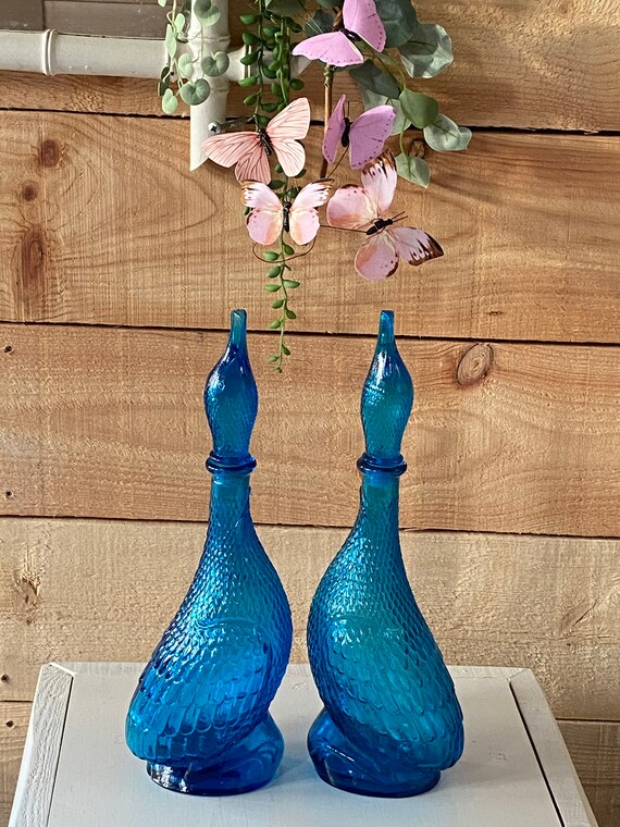 Vintage Empoli Italienne Décanter Glass Blue Duck Bottle Etsy