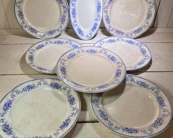 7 vintage french ironstone blue transferware plates and ravier dish set D’Onnaing nord