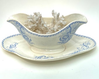 Vintage french ironstone blue butterfly transferware sauce boat