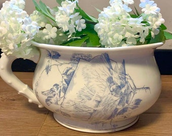 Vintage ironstone blue transferware bird pitcher vase pot