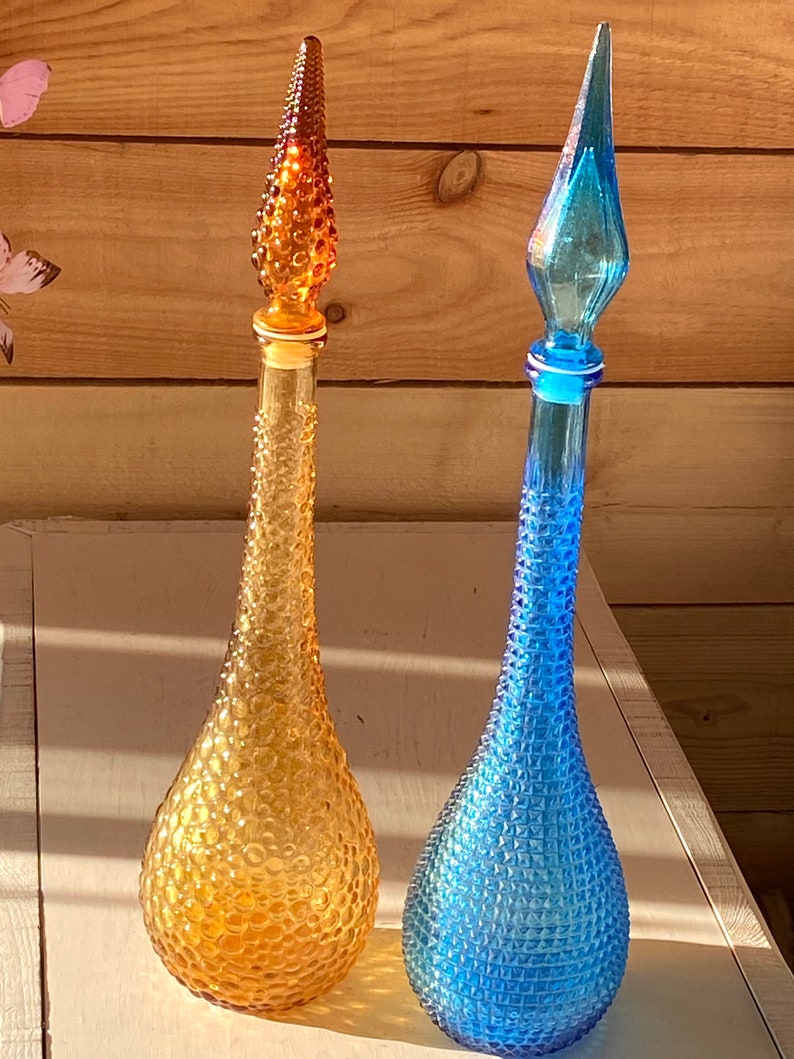 Vintage Italian Empoli Décanter Genie Bottle Blue Diamond Cut Etsy