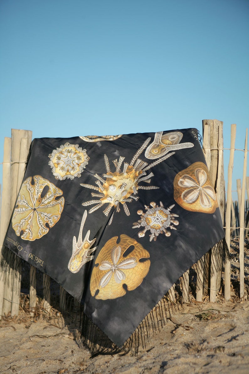 huge black sandollar silk scarf shawl with fringe unique image 2