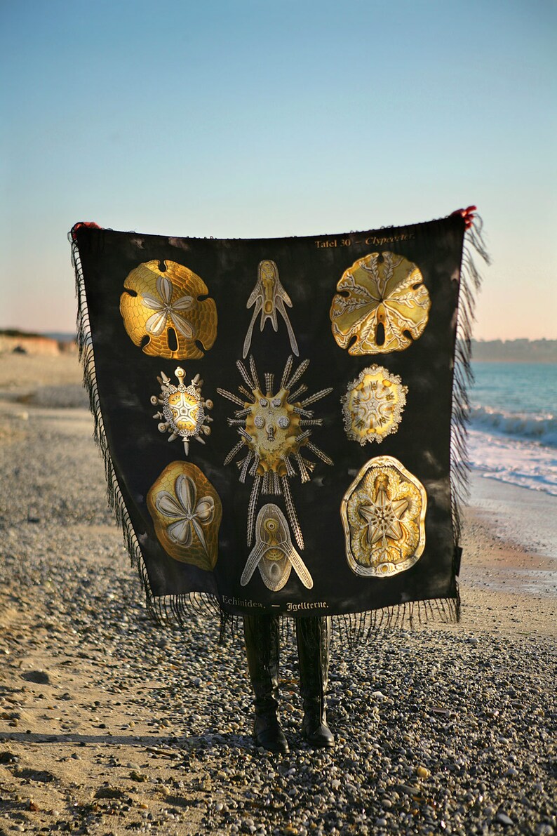 huge black sandollar silk scarf shawl with fringe unique image 1