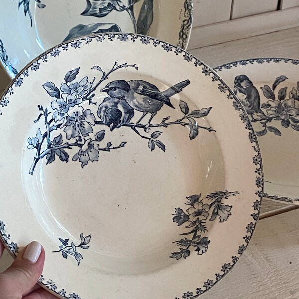 3 vintage french ironstone blue transferware bowls