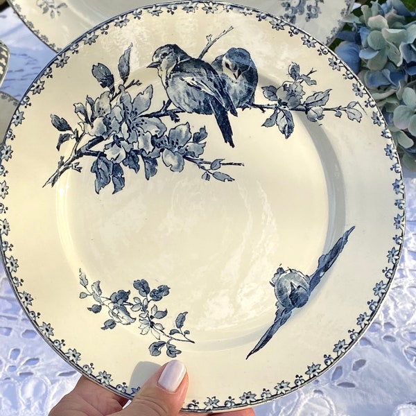 Vintage francés ironstone azul transferware bird sarreguemines favori plate