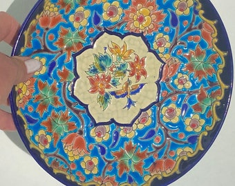 Vintage french ironstone floral enameled shallow bowl dish plate by Longwy