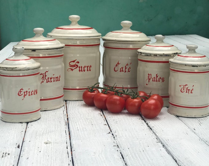 Vintage French Enamelware Canisters Full Set 6 Etsy