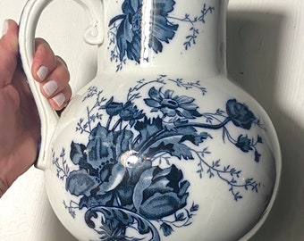 Vintage french ironstone blue transferware floral big belly pitcher by st amand