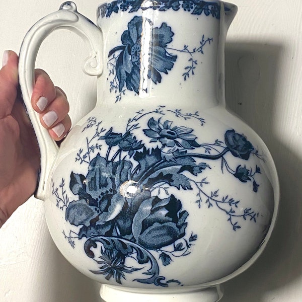 Vintage french ironstone blue transferware floral big belly pitcher by st amand