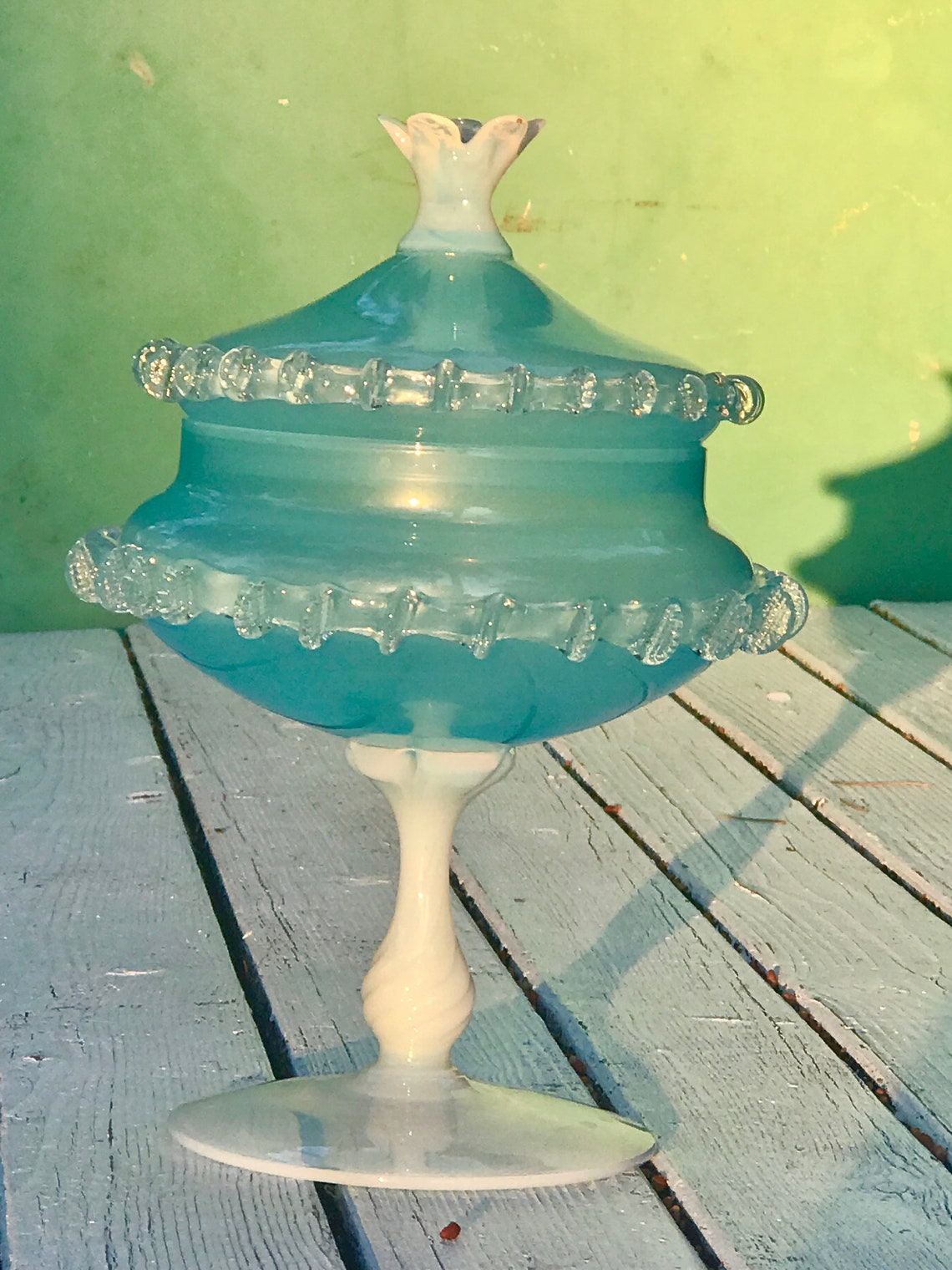 Vintage empoli opaline turquoise stemmed glass candy dish Etsy
