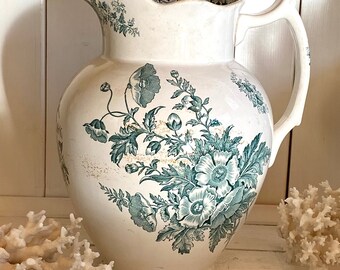 Vintage French ironstone teal floral transferware tall pitcher vase