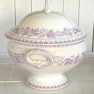 Vintage ironstone purple transferware geraniums footed tureen by société céramique Maestricht