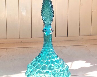 Wonderful vintage empoli genie bottle squat blue teal glass bubble decanter made in Italy