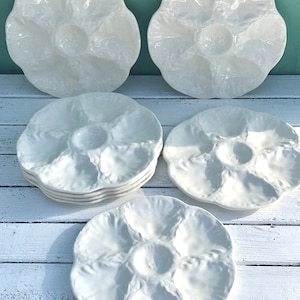 6! Vintage Gien white barbotine French oyster plates set