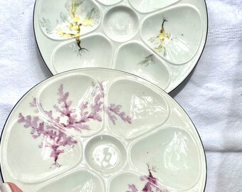 2 vintage french oyster plates handmade in France seaweed detailing