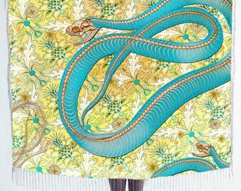 Turquoise snake printed pure heavy top quality silk twill giant scarf. shawl. 130CM X 13àCM made in FRance