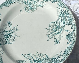 Vintage french ironstone teal green transferware iris platter