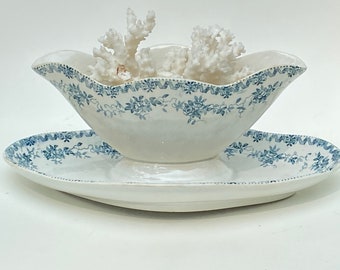 Vintage french blue floral transferware sauce dish