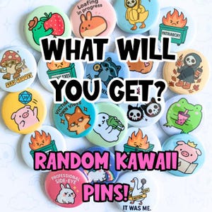 May include: A collection of colorful, round pins with various kawaii illustrations and text. The pins feature images of animals, food, and phrases like "Stay Groovy" and "Random Kawaii Pins!" The text "What Will You Get?" is also displayed.