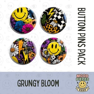 May include: A pack of four round button pins with colorful designs. The pins feature a smiley face, flowers, lightning bolts, and a checkered pattern. The text "BUTTON PINS PACK" and "GRUNGY BLOOM" are also visible.