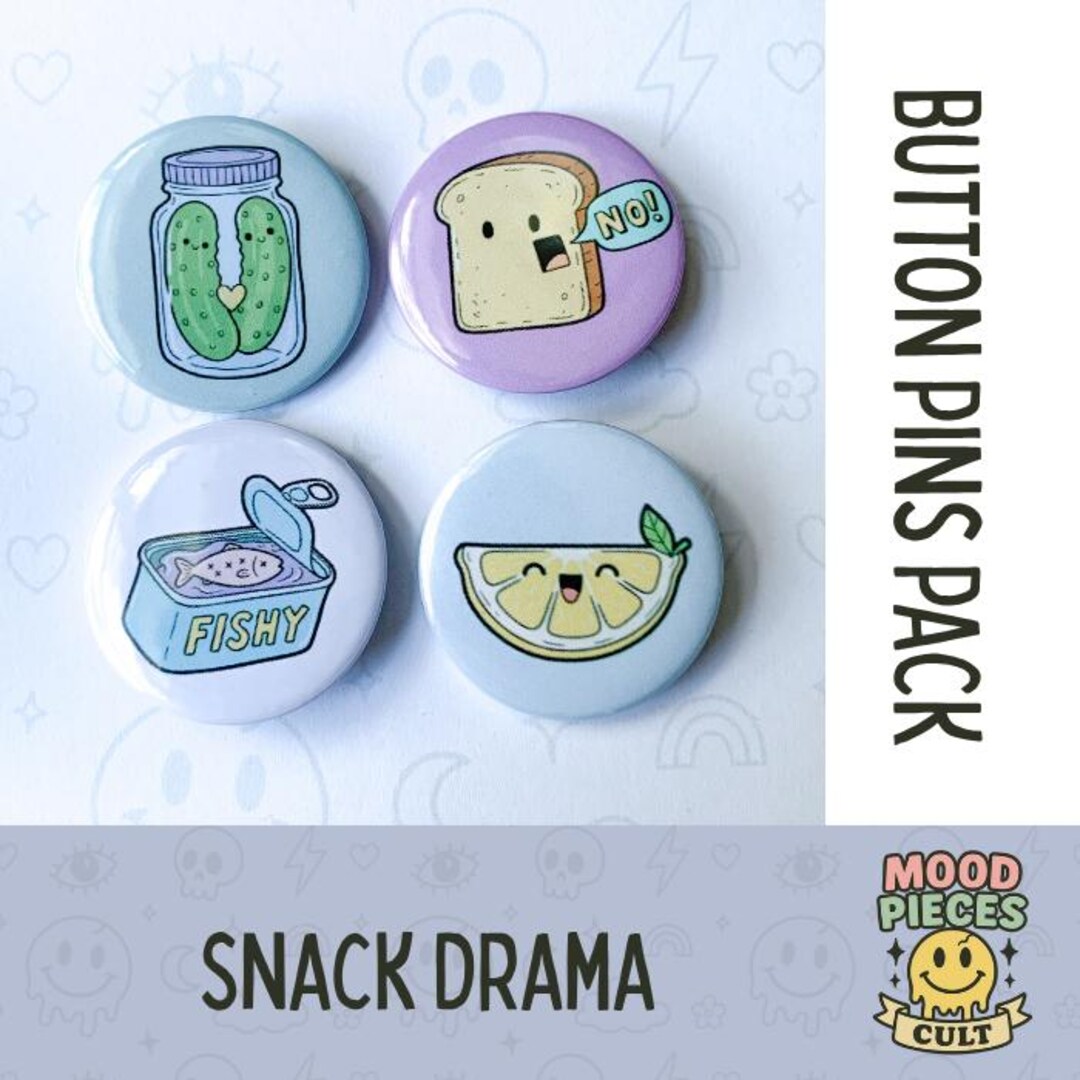 Snack Button Button Pin Pack - Kawaii Foods | Snack Drama, Funny Pins - Etsy