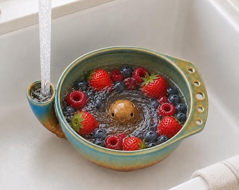 Vortex Berry Washing Bowl, Ceramic Fruit Rinse Bowl with Side Inlet, Strawberry Blueberry Washer