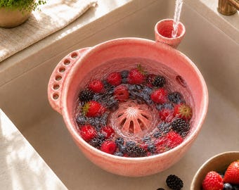 Vortex Fruit Washer Bowl, Ceramic Berry Washing Bowl with Side Inlet, Swirl Rinse Colander for Small Fruit