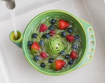 Vortex Berry Washing Bowl, Handmade Ceramic Fruit Rinse Bowl with Side Inlet for Strawberries