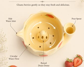 Ceramic Berry Colander with Raised Drain Hub, Fruit Rinse Bowl for Grapes and Small Produce