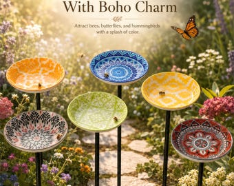 Boho-Gartenstecker aus Keramik, farbenfrohe Mandala-Gartendekoration mit insektenfreundlicher Wasserschale