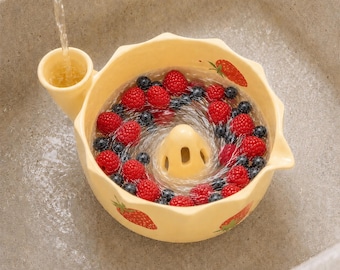 Berry Washing Bowl, Ceramic Vortex Fruit Washer with Side Inlet for Strawberries and Blueberries