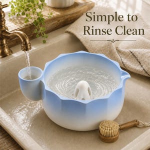 May include: A light blue and white ceramic pet water fountain with a scalloped rim and a central white filter housing. Water flows from a faucet into a small side reservoir. The text "Simple to Rinse Clean" is visible above the fountain.
