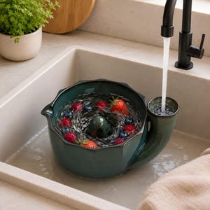 May include: A dark teal ceramic berry colander with a scalloped rim and a central cone, featuring a side funnel for water intake. The bowl is filled with water, fresh strawberries, and blueberries, with a stream of water flowing into the funnel.