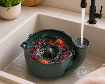 Vortex Fruit Washer, Ceramic Berry Rinse Bowl with Side Inlet and Gentle Circular Water Flow