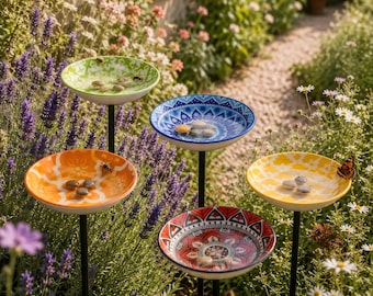Ceramic Bee Waterer Garden Stake, Mandala Pollinator Water Station, Boho Yard Art
