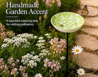 Butterfly Puddler Garden Stake, Shallow Ceramic Pollinator Water Dish with Two Height Options