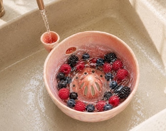 Ceramic Berry Bowl, Handmade Pottery Fruit Colander, Cottage Kitchen Strainer Bowl for Fresh Berries
